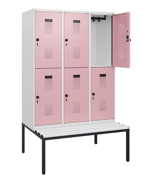 C+P Doppelstöckiger Spind Evolo PLUS, Bank, 6 Fächer, 1950x1200x815mm, 9016/3015, Drehriegel, Sitzfläche Kunststoff, Sitzbank, 0493505-32 S10116