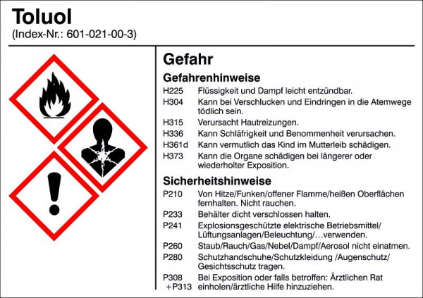 SafetyMarking Gefahrstoffetikett, G020: Toluol, für Behälter mit einem Fassungsvermögen bis 3 Liter, BxH 10,5x7,4 cm, Folie, selbstklebend, 21.B1200-G020