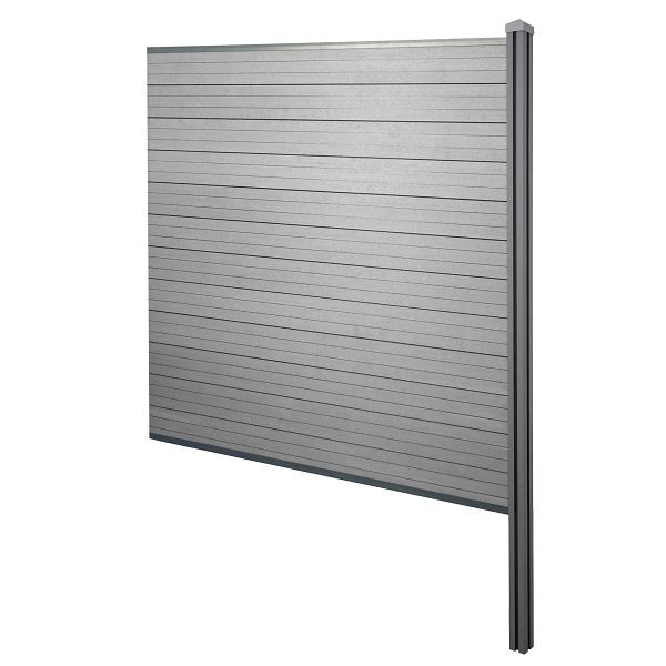 Mendler WPC-Sichtschutz Sarthe, Windschutz Zaun, WPC-Pfosten zum Einbetonieren, Erweiterungselement, 188cm grau, 76246+3x76231+76234+76255