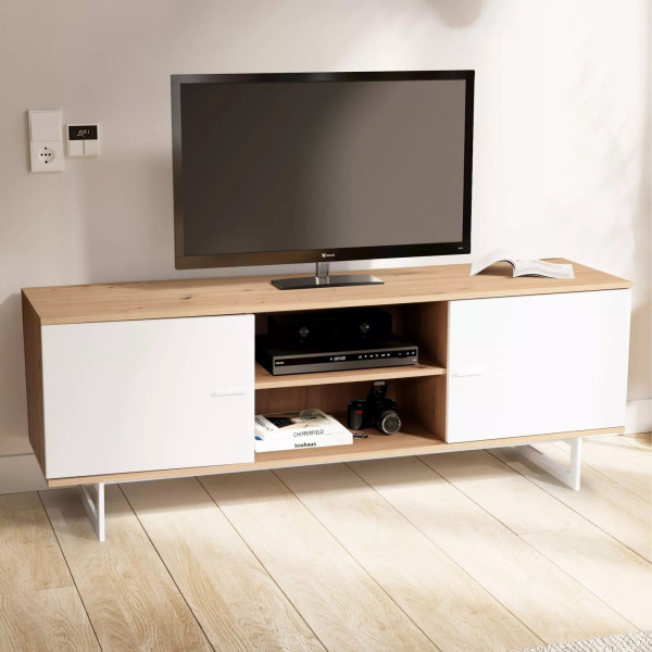 Wohnling Lowboard Eiche-Dekor Weiß 150x55x40 cm TV-Kommode Modern, Fernsehtisch mit zwei Türen, WL6.823