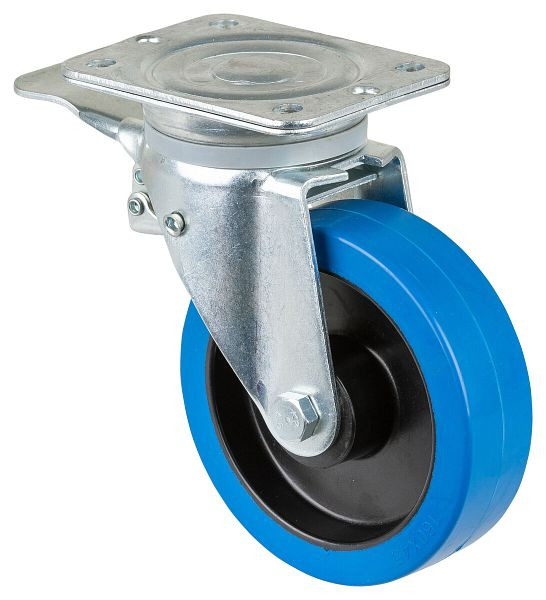 BS Rollen Schwerlastrolle mit Feststeller, Breite 42 mm, Ø160 mm, bis 300 kg, Elastik-Reifen blau, Radkörper Kunststoff, Rollenlager, N120.B61.160