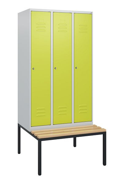 C+P Umkleidespind Classic PLUS, mit untergebauter Sitzbank, 3 Abteile, 1950x900x815mm, 7035/0024, Zylinderschlösser, Buche-Sitzleisten, 0800505-30 S10025