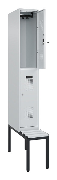 C+P Doppelstock-Spind Evolo PLUS, Bank, 2 Fächer, 2120x300x815mm, 7035/7035, Zylinderschloss, Sitzfläche Kunststoff, Sitzbank, 0493507-10 S10121