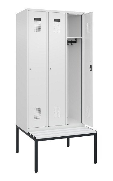 C+P Spind Evolo PLUS, 3 Abteile, 2120x900x815mm, 9016/9016, Haken 3, Zylinderschloss, Sitzfläche Kunststoff, Sitzbank, 0490507-30 S10101
