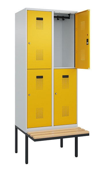C+P Doppelstock-Spind Evolo PLUS, Bank, 4 Fächer, 2120x800x815mm, 7035/1004, Zylinderschloss, Sitzfläche Buche-Hartholz, 0493407-22 S10027