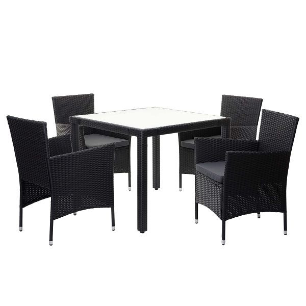 Mendler Poly-Rattan Garnitur HWC-F50, Balkon-/Garten-/Lounge-Set Sitzgruppe, 4xSessel+Tisch anthrazit, Kissen dunkelgrau, 69754+2x69755+70983