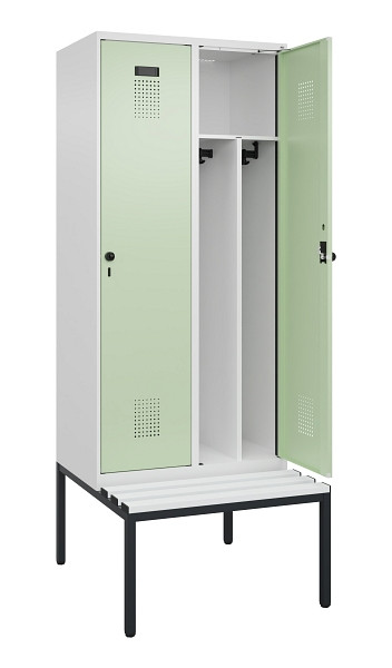 C+P Spind Evolo PLUS, 2 Abteile, 2120x800x815mm, 9016/6019, Haken 4, Drehriegel, Sitzfläche Kunststoff, Sitzbank, Trennwand, 0490507-22F S10073