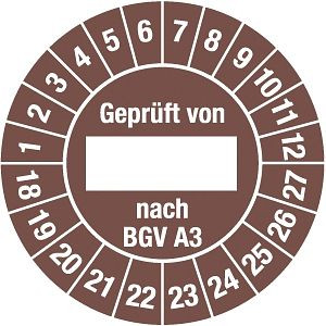 Moedel Prüfplakette Geprüft von nach BGV A3 2018-2027, Folie, Ø 30 mm, VE: 10 Stück/Bogen, 54887