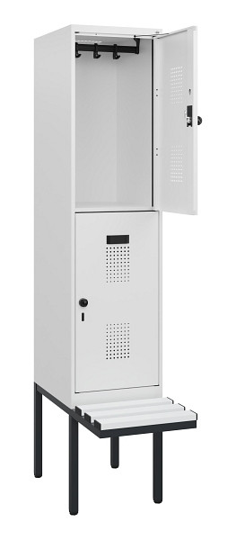 C+P Doppelstock-Spind Evolo PLUS, Bank, 2 Fächer, 1950x400x815mm, 9016/9016, Drehriegel, Sitzfläche Kunststoff, 0493405-12 S10118