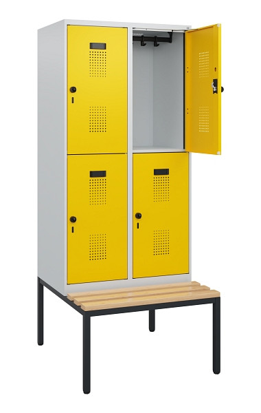 C+P Doppelstöckiger Spind Evolo PLUS, Bank, 4 Fächer, 1950x800x815mm, 7035/1023, Drehriegel, Sitzfläche Buche-Hartholz, Sitzbank, 0493505-22 S10001
