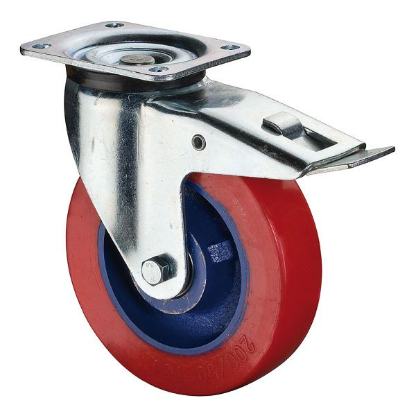 BS Rollen Schwerlastrolle mit Feststeller, Breite 50 mm, Ø250 mm, bis 800 kg, Guss-Polyurethan 78 Shore A, Radkörper Guss, Kugellager, L620.C11.250
