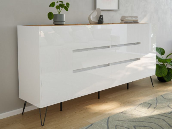 Posseik Sideboard Industrial R 200cm 6 Schubladen 2 Türen Weiß/Eiche Top, PN2095X0000059DE