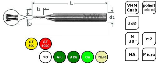 SPPW Sub-Micro-Bohrnutenfräser VHM 3xØ L: 39x0,16 z:2 d3 Ø0,08, 6685000008