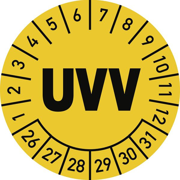 Moedel Prüfplakette UVV 2026 - 2031, Folie, Ø 30 mm, VE: 10 Stück/Bogen, 107109