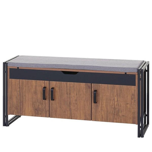 Mendler Schuhkommode mit Sitzmöglichkeit HWC-A27, Kommode Bank mit Kissen, 53x110x30cm 3D-Struktur Metall, Wildeiche-Optik, 60159