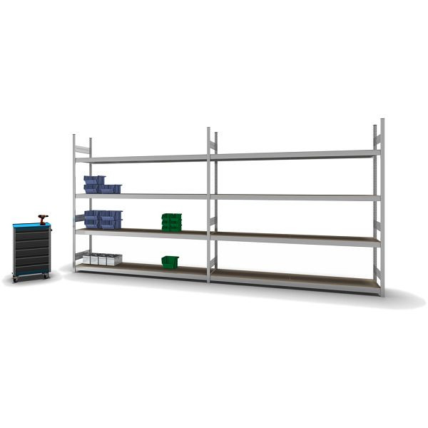 hofe Großfach-Grundregal, 2500x500x2500 mm, 4 Fachebenen, Spanplatte verzinkt, 350 kg Fachlast, 1750 kg Feldlast, zweiseitige Bedienung, GZG25525S