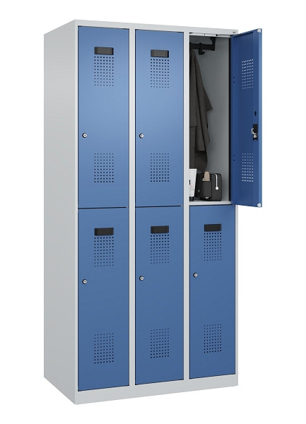 C+P Doppelstöckiger Spind Evolo PLUS, 6 Fächer, 1850x900x500mm, 7035/5023, Zylinderschloss, 049300-30 S10035