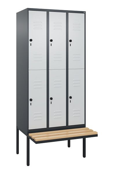 C+P Doppelstöckiger Spind Classic PLUS, 3 Abteile, 2120x900x815mm, 7016/7035, Drehriegel, Sitzleisten aus Buche, schwebende Sitzfläche, 0803407-30 S10013