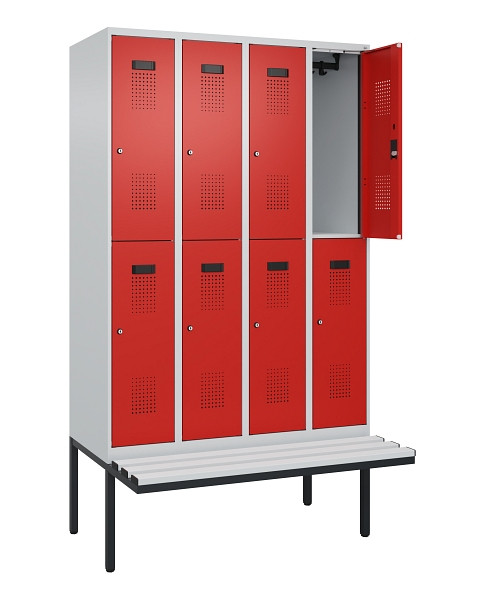 C+P Doppelstock-Spind Evolo PLUS, Bank, 8 Fächer, 2120x1200x815mm, 7035/3020, Zylinderschloss, Sitzfläche Kunststoff, 0493407-40 S10113