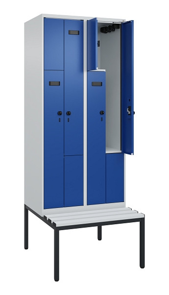 C+P Z-Spind Evolo PLUS, Bank, 4 Fächer, 2120x800x815mm, 7035/5010, Drehriegel, Sitzfläche Kunststoff, Sitzbank, 0490537-224 S10060