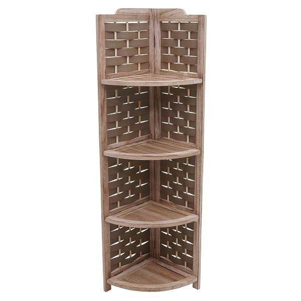 Mendler Eckregal HWC-K85, Regal Standregal, klappbar 4 Ablagen, Paulownia Holz 110cm, braun, Geflecht braun, 97655
