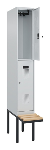 C+P Doppelstock-Spind Evolo PLUS, Bank, 2 Fächer, 2120x300x815mm, 7035/7035, Zylinderschloss, Sitzfläche Buche-Hartholz, 0493407-10 S10040