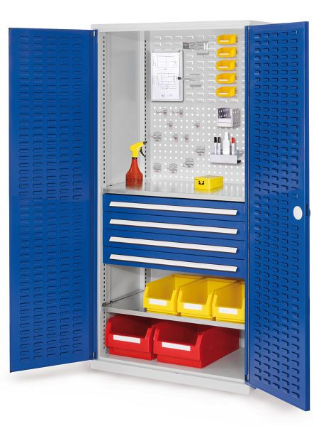 Kappes RasterPlan Schubladenschrank, Modell 23, RAL 7035/5010, Türinnenseite: Schlitzplatten 1950 x 1000 x 600 mm, 4 Schubladen H 100 mm, 1460.03.4016