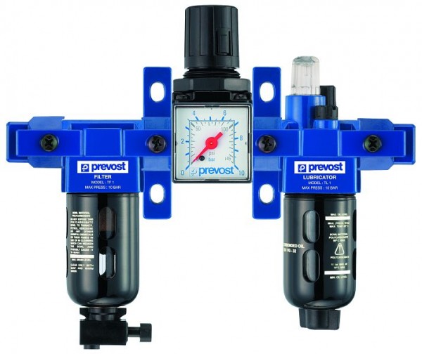 Prevost ALTO 1- Dreifachblock- Filterregler, Manometer+ Öler, Wandbesfestigungsset + Schnellverbinder Leitungsanschluss, IG BSPP=G 1/4, 500 Nm3/h, TT PSM1