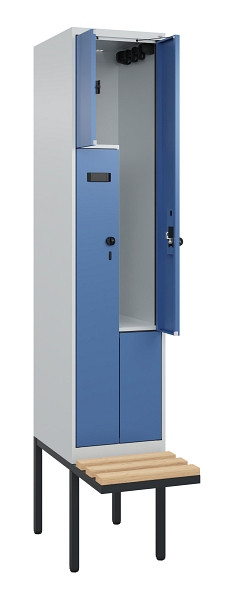 C+P Z-Spind Evolo PLUS, Bank, 2 Fächer, 2120x400x815mm, 7035/5023, Drehriegel, Sitzfläche Holz, 0490437-122 S10020