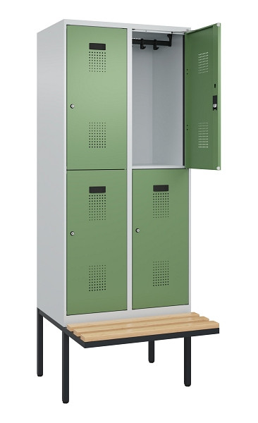 C+P Doppelstock-Spind Evolo PLUS, Bank, 4 Fächer, 2120x800x815mm, 7035/6011, Zylinderschloss, Sitzfläche Buche-Hartholz, 0493407-22 S10037