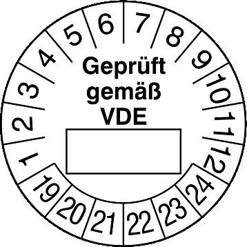 SafetyMarking Prüfplakette, Geprüft gemäß VDE, Prüfzeitraum: 19-24, Ø 3 cm, Folie, selbstklebend, VE: 15 Stück/Bogen, 30.0836-19-24