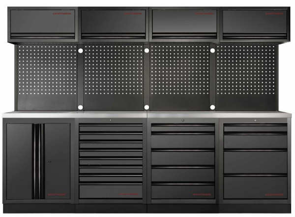 Kraftwerk MOBILIO BLACK EDITION 4er Kombi, 17 Schubladen, 5 Schränke, Vierkant-Lochwand, Arbeitsplatte Edelstahl, 3964K-BLK-020-IX