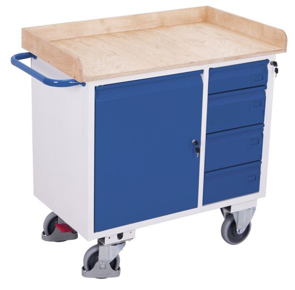 VARIOfit Werkstattwagen mit 4 Schubladen und Rand, Außenmaße: 1.125 x 610 x 1.040 mm, RAL 5010 enzianblau, sw-985.002