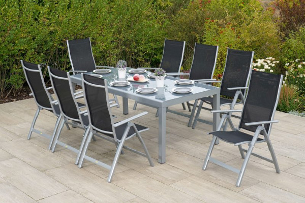 Merxx Carrara Set 9-teilig, 8 Klappsessel, 1 Tisch, Halbrundprofil, 190 x 100 cm, graue Glasplatte, Silber/schwarz, 50695-219