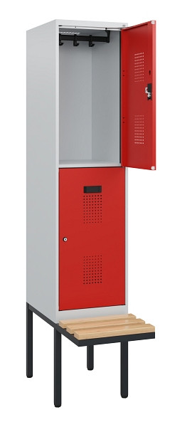 C+P Doppelstock-Spind Evolo PLUS, Bank, 2 Fächer, 1950x400x815mm, 7035/3020, Zylinderschloss, Sitzfläche Buche-Hartholz, 0493405-12 S10028
