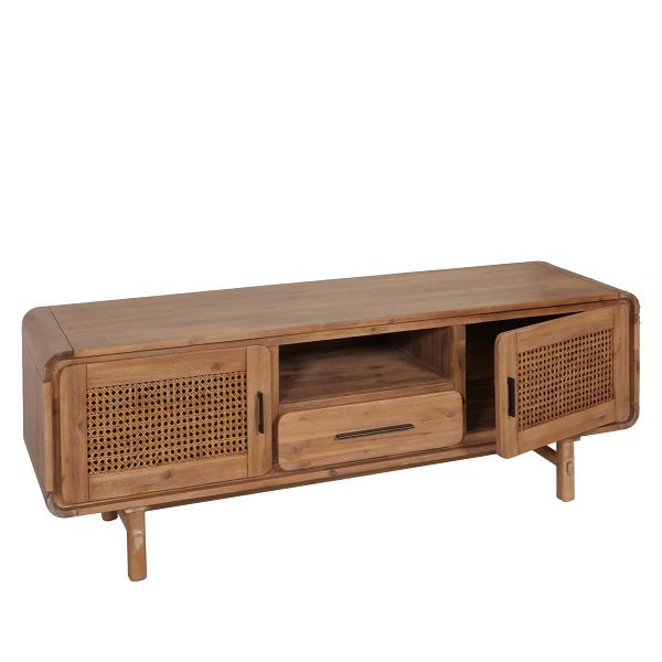 Mendler TV-Rack HWC-M47, Fernsehtisch Lowboard Kommode, Staufächer Schublade, Rattan Akazie Massiv-Holz gebeizt 160cm 32kg, 105011