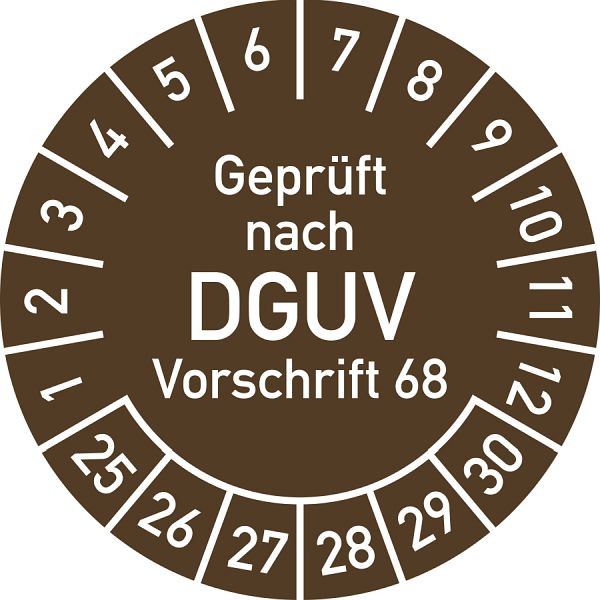 Moedel Prüfplakette Geprüft nach DGUV Vorschrift 68, 2025-2030, Polyesterfolie, Ø40mm, VE: 10 Stück/Bogen, 106414