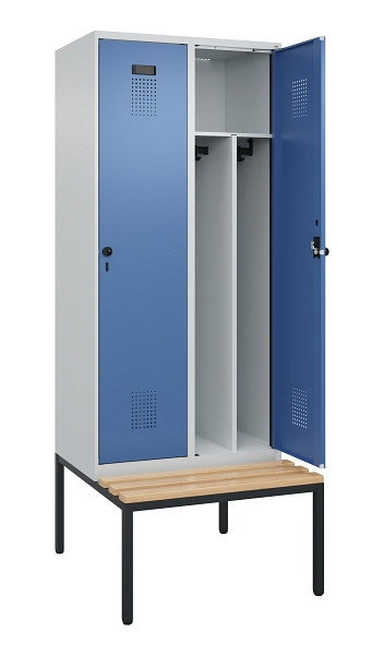 C+P Spind Evolo PLUS, 2 Abteile, 2120x800x815mm, 7035/5023, Haken 4, Drehriegel, Sitzfläche Buche-Hartholz, Sitzbank, Trennwand, 0490507-22F S10008
