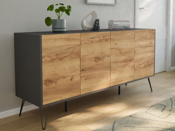 Posseik Sideboard Industrial H 155cm stehend 4 Türen Grafit/Eiche Front, PN2085X0000019DE