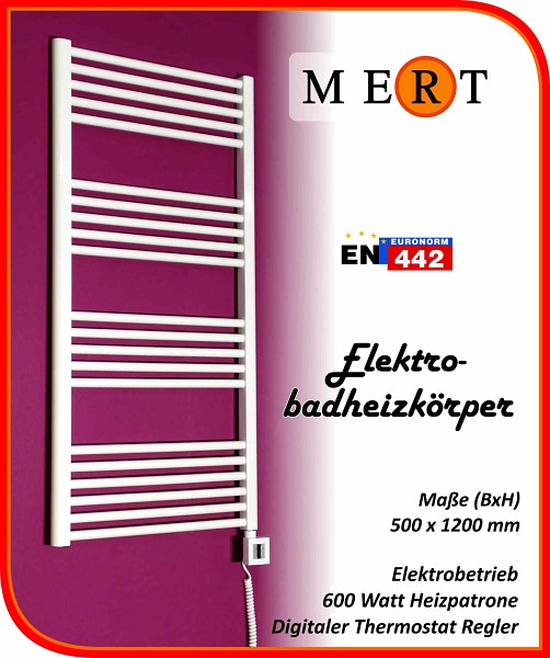 MERT Elektro-Badheizkörper weiß, gerade, 500 x 1800 mm, befüllt, E1-50x180-B