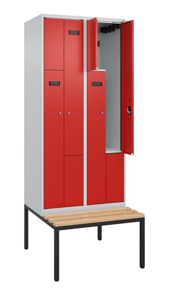C+P Z-Spind Evolo PLUS, Bank, 4 Fächer, 2120x800x815mm, 7035/3020, Zylinderschloss, Sitzfläche Buche-Hartholz, Sitzbank, 0490537-224 S10034