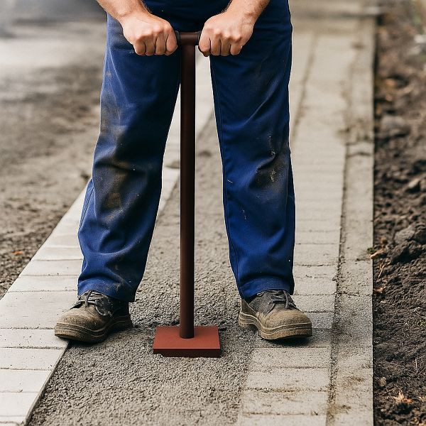 Schake Erd- und Betonstampfer, mit robuster Bodenplatte zum Anstampfen, T-Griff auf 730 mm höhe angeschweißt, Maße: 200 x 200 mm, rot lackiert, 10191_E
