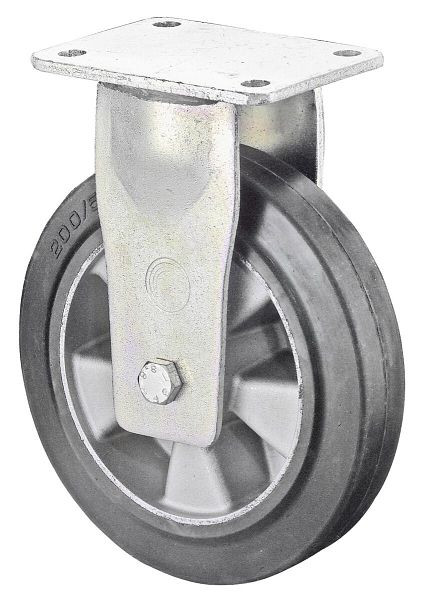 BS Rollen Schwerlastrolle, Bockrolle, Rad-Breite 50 mm, Rad-Ø 125 mm, Tragfähigkeit 200 kg, Elastik-Reifen schwarz, Aluminium, Kugellager, RR110.B80.125