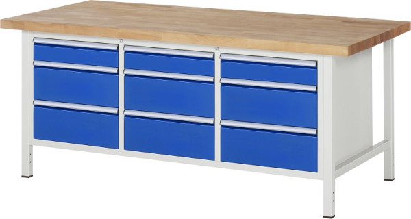 RAU Werkbank Serie 8000 Gestell-Bauweise (Schweißgestell), Dreifach-Unterbau-Container (9 unterschiedliche Schublade), 2000x840x900 mm, 03-8573A2-209B4S.11