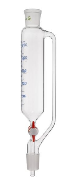 Rettberg Tropftrichter, 250 ml, Hülse NS 29/32, Kern NS 29/32, PTFE-Hahn 4 mm, graduiert, mit Druckausgleichsrohr, 134048236