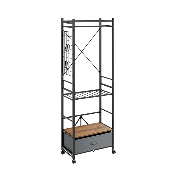 SoBuy Garderobenständer in Dunkelgrau mit Schublade, mit Rollen und Hakenleiste, aus Metall und Holz, 60×32×175 cm, Tragkraft 45 kg, KLS23-SCH