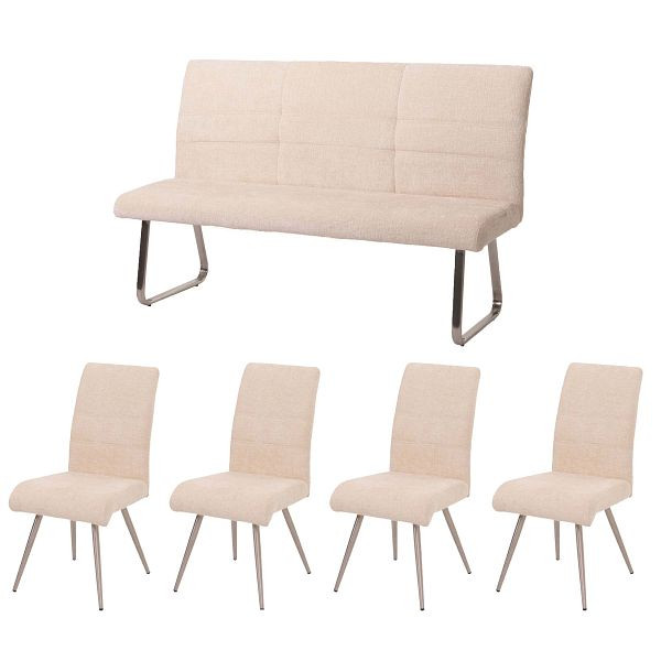 Mendler Esszimmer-Set HWC-G55, 4er-Set Stuhl + Sitzbank 160cm, Edelstahl gebürstet Stoff/Textil Chenille, creme, 108101+2x108102