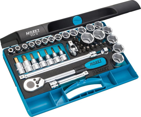 Hazet Steckschlüssel Satz, Vierkant hohl 12,5 mm, Außen-Sechskant-Tractionsprofil, Pozidriv Profil PZ, Kreuzschlitz Profil PH, 954N