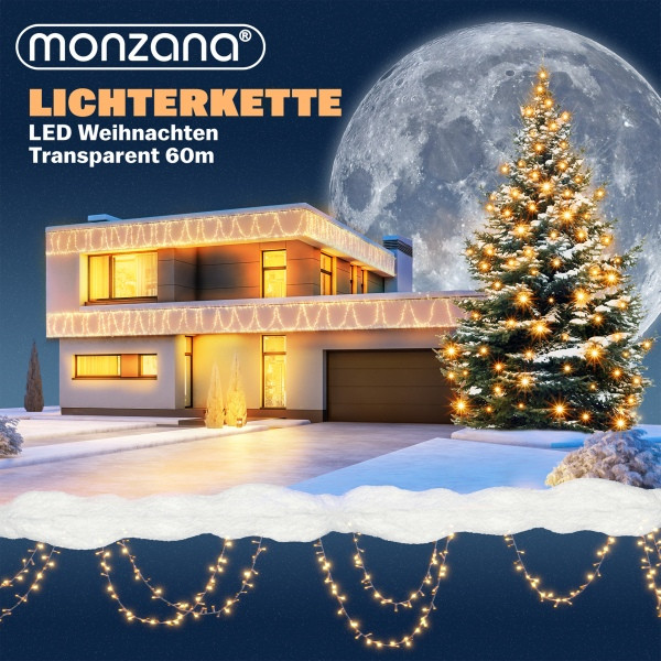 monzana Lichterkette "Weihnachten" transparent mit Fernbedienung 60 m, warmweiß, 109481