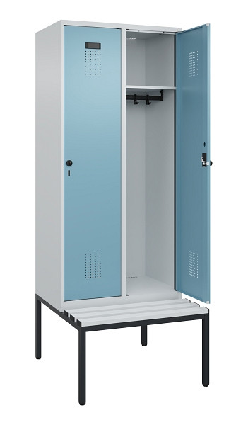 C+P Spind Evolo PLUS, 2 Abteile, 2120x800x815mm, 7035/0010, Haken 4, Drehriegel, Sitzfläche Kunststoff, Sitzbank, 0490507-22 S10063